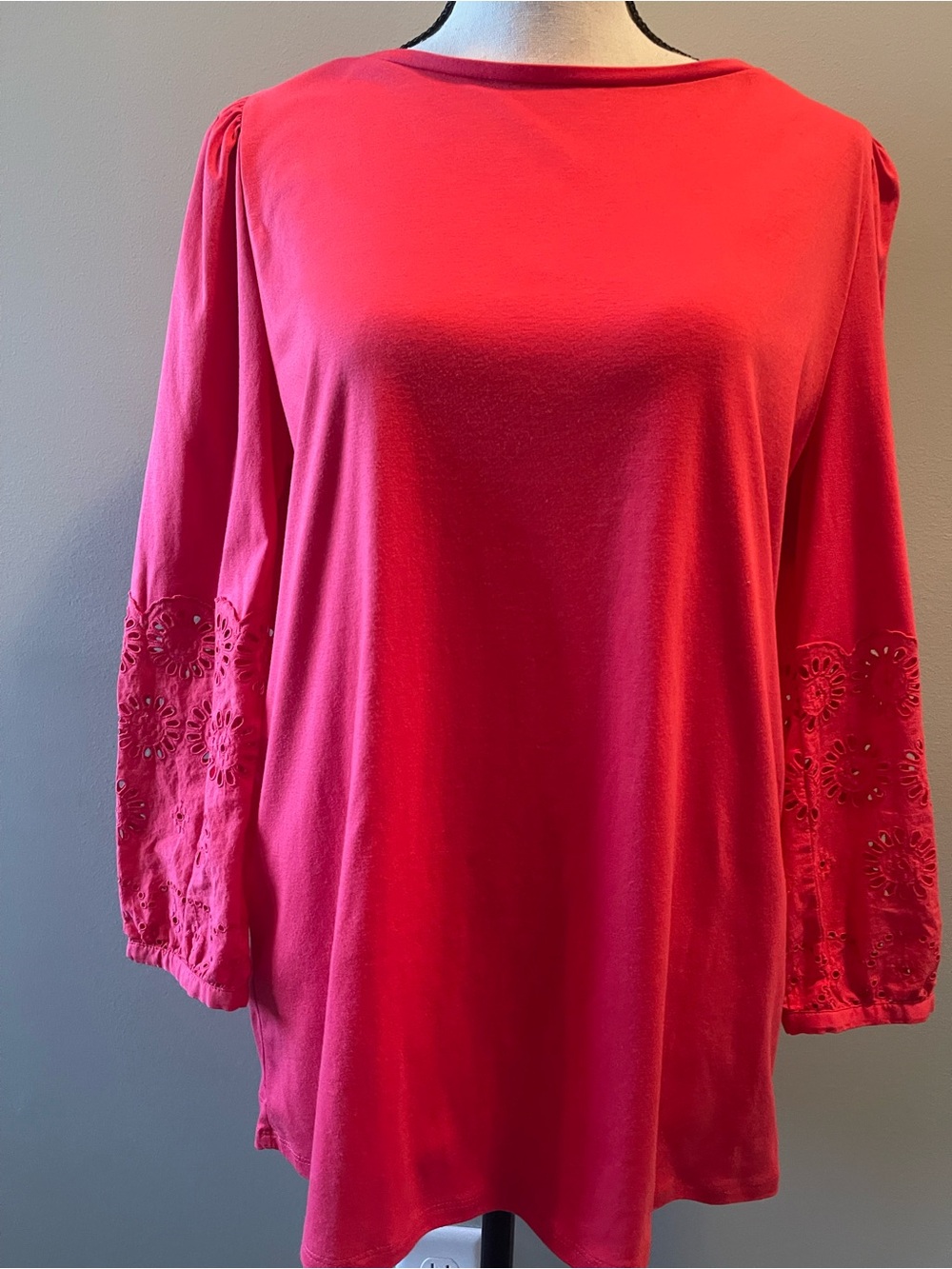 Ann Taylor Coral-Red Long Sleeve Top with Eyelet Sleeve Detail